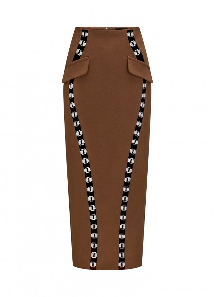 BROWN CREPE BLEND CUT-OUT PENCIL SKIRT